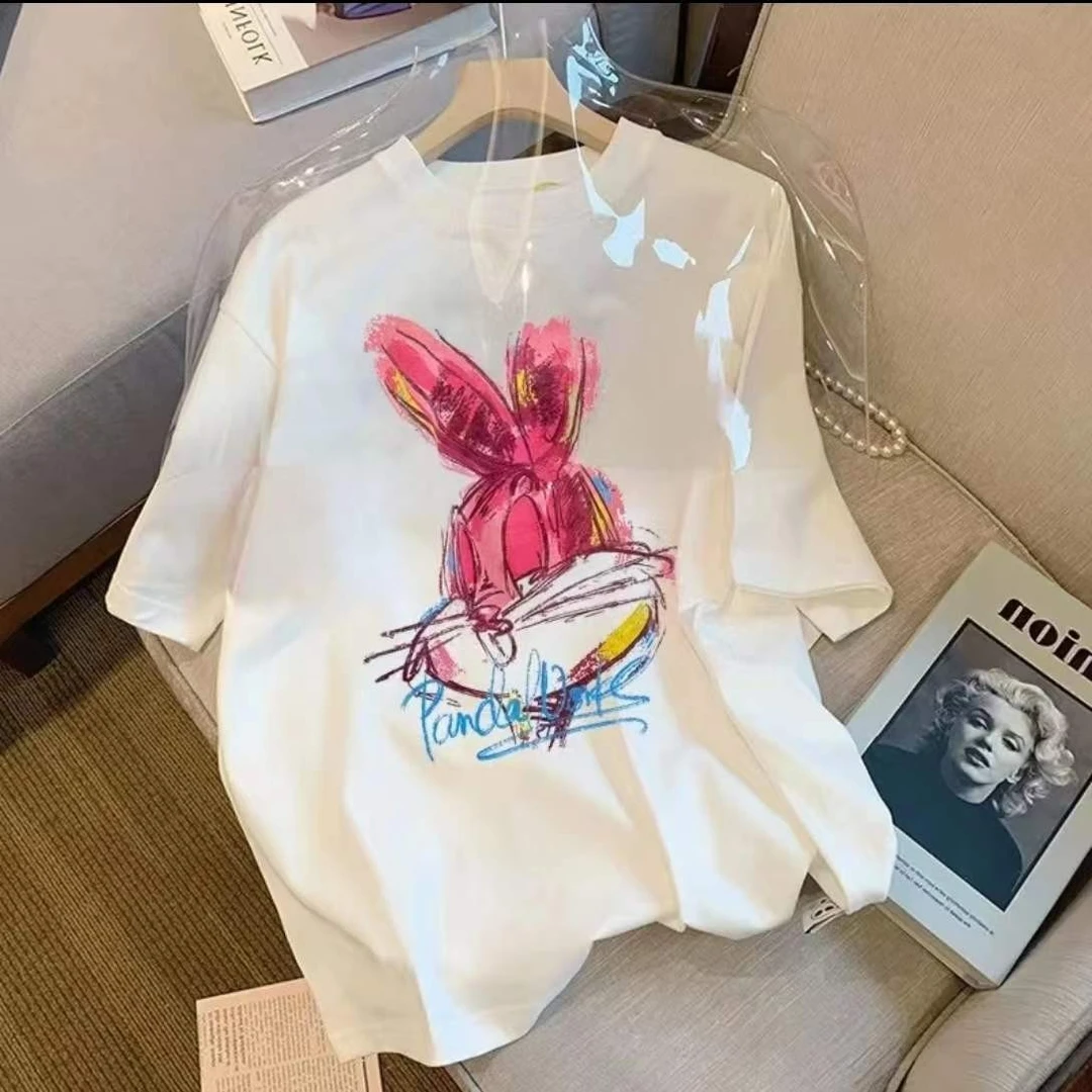 透气宽松2025夏季T恤纯棉印花休闲时尚百搭T恤-粉色兔子