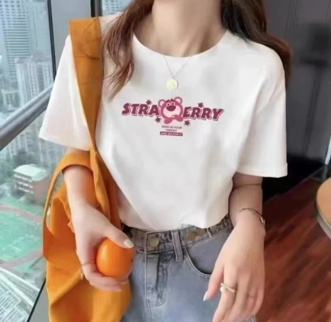 透气宽松2025夏季休闲时尚百搭纯棉印花T恤【25226】-小草莓熊