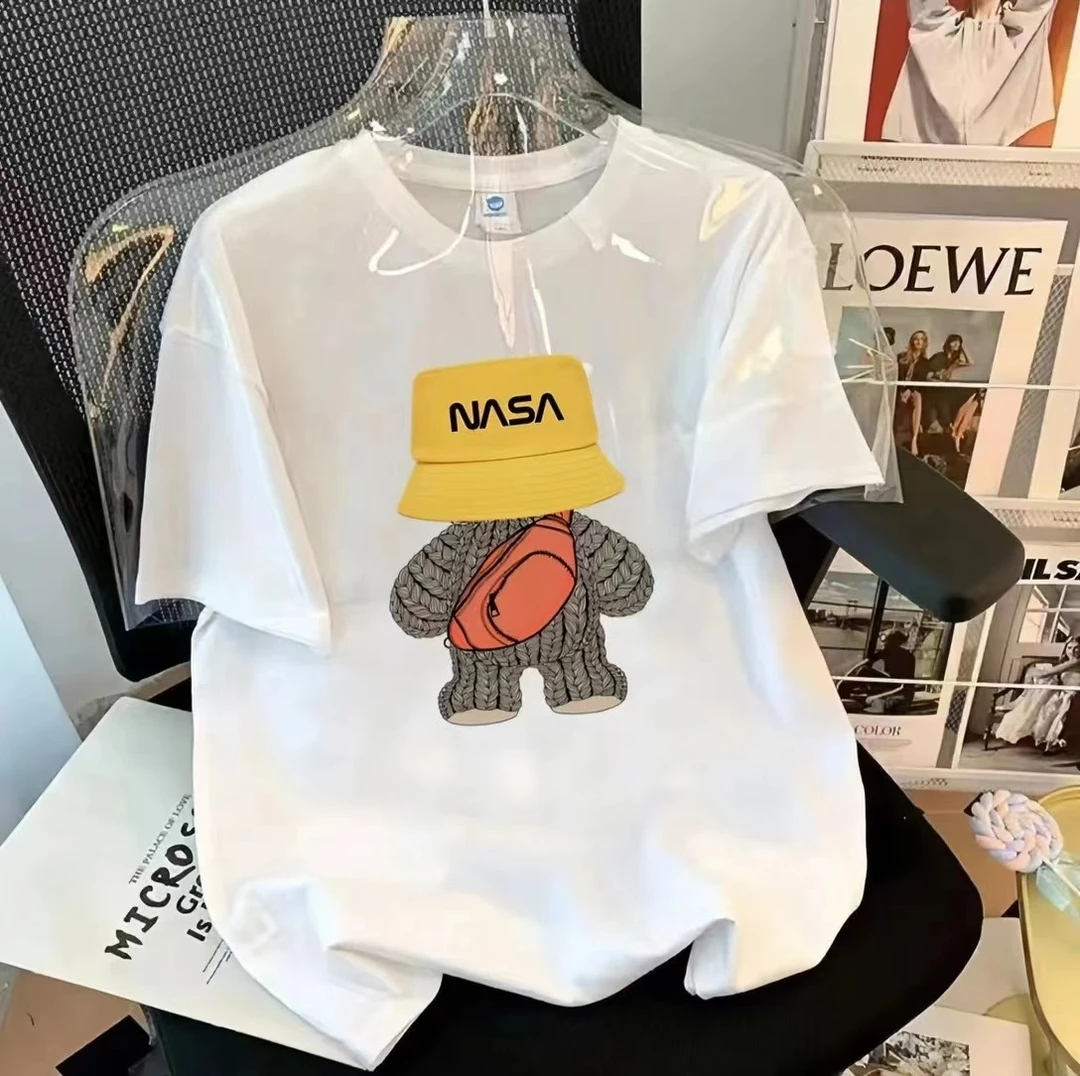 透气宽松2025夏季T恤纯棉印花休闲时尚百搭T恤-黄帽熊