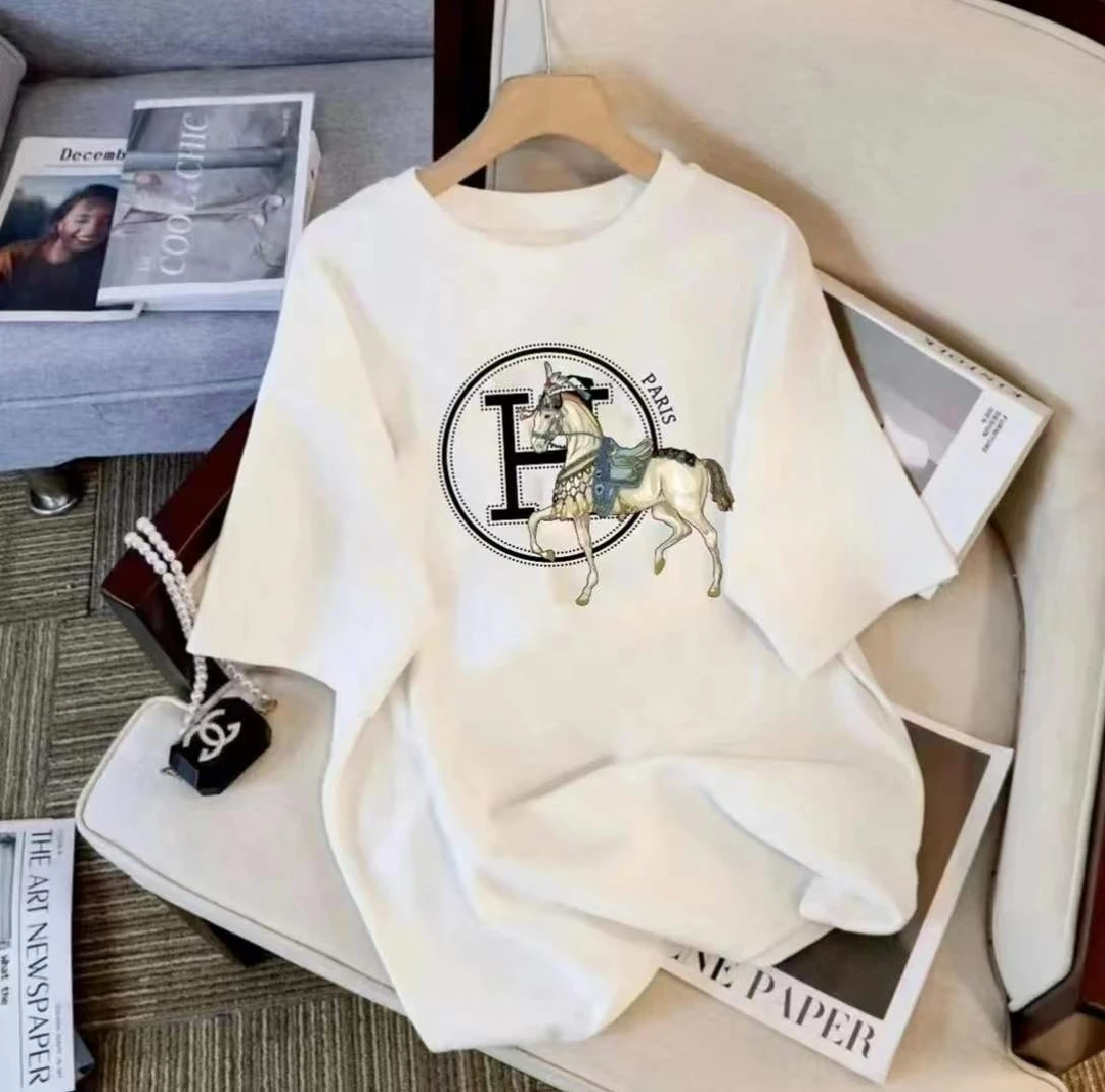 透气宽松2025夏季T恤纯棉印花休闲时尚百搭T恤-白马