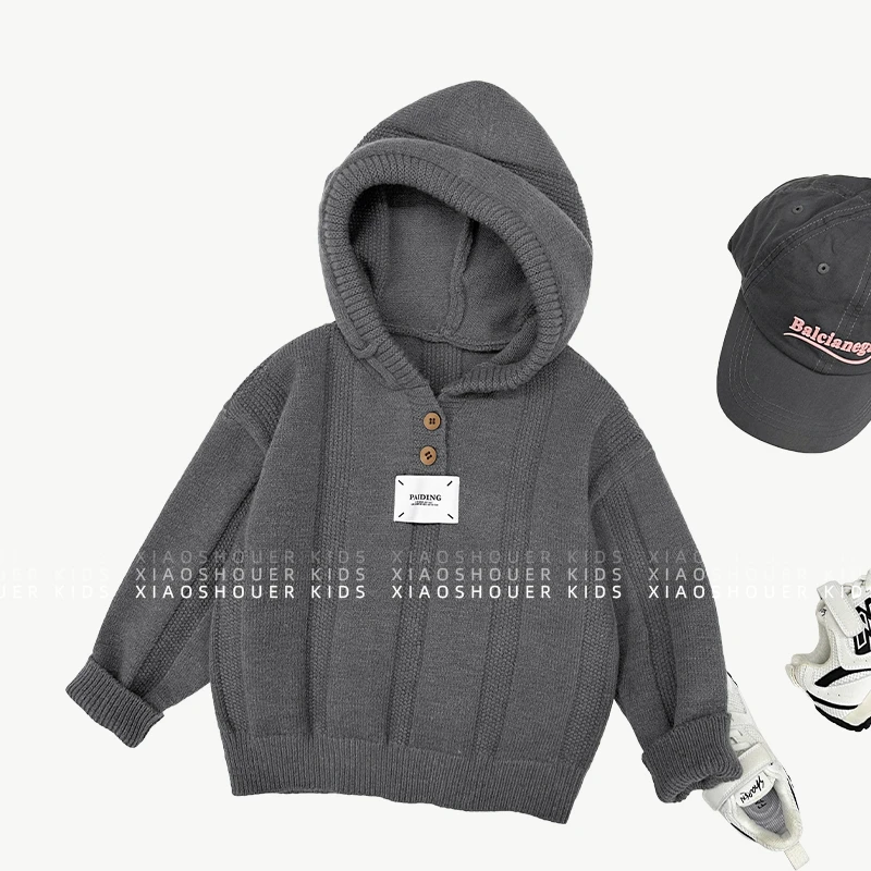 【小首尔】现货-男童简约韩系贴标连帽毛衣秋季针织上衣SJ4226