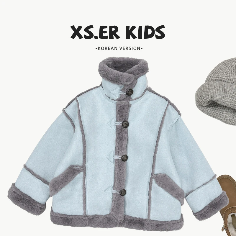 【小首尔】现货-qc4男女童韩系大衣冬加绒加厚机车服外套HBB6453