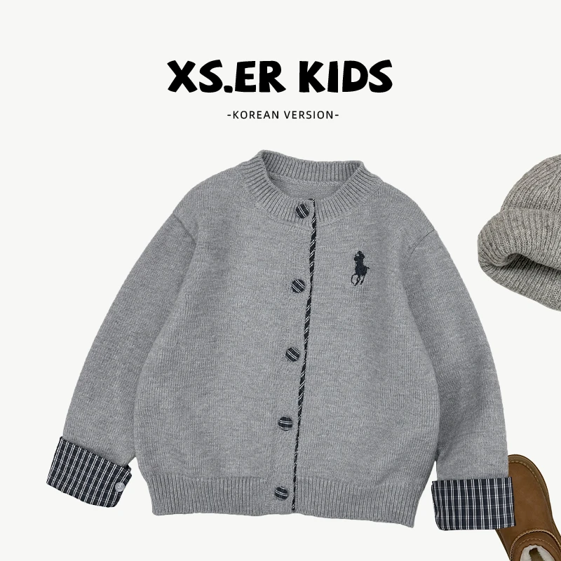 【小首尔】男女童冬简约韩系时尚格纹拼接针织开衫毛衣SJ4752