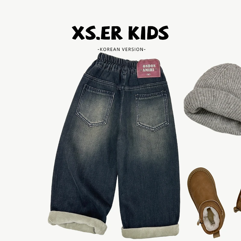 【小首尔】现货-男女童冬季韩版贴标潮流保暖加绒加厚牛仔裤HBB6243