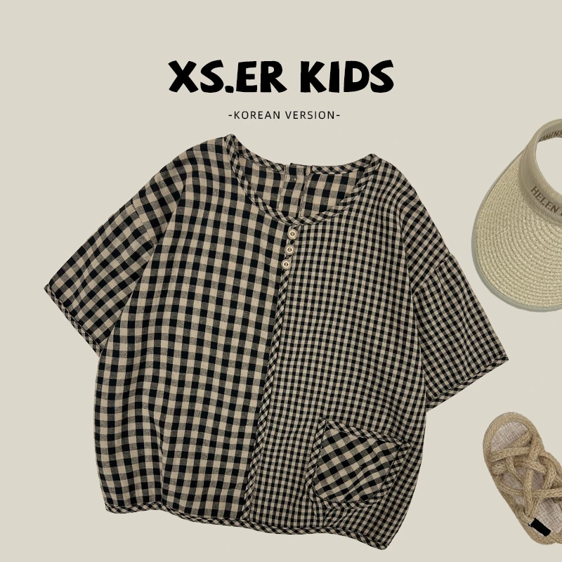 【小首尔】原版-男童复古森系格纹短袖上衣夏百搭宽松T恤HBB4026