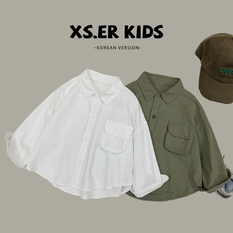 【小首尔】现货-原版男童韩版纯色衬衫就是百搭宽松翻领衬衣HBB3556