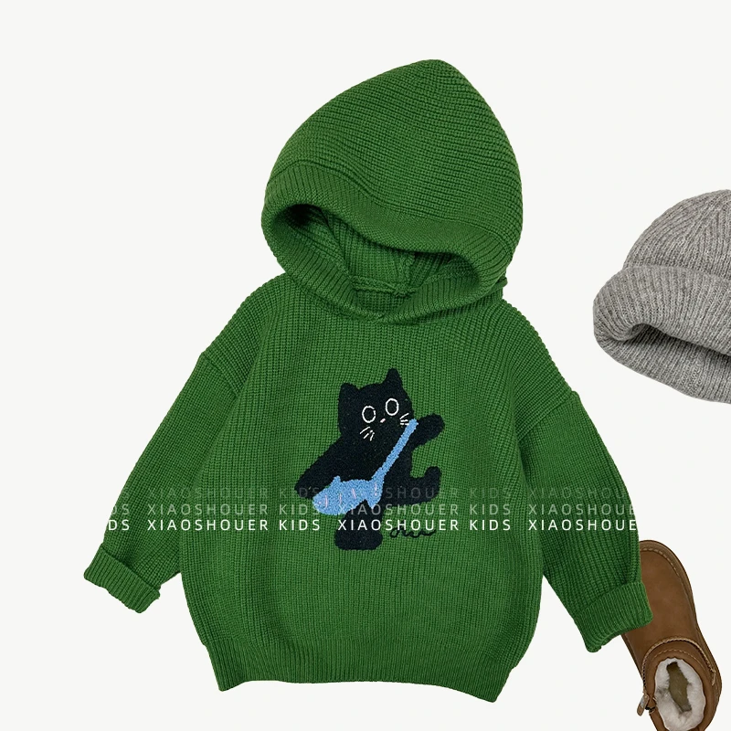 【小首尔】现货-男童冬季韩版可爱软糯背包小猫针织连帽毛衣HBB6368