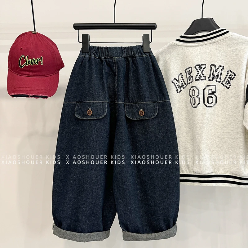 【小饭团】新-男女童韩版潮流简约牛仔裤秋新款百搭时尚裤子hbb5786