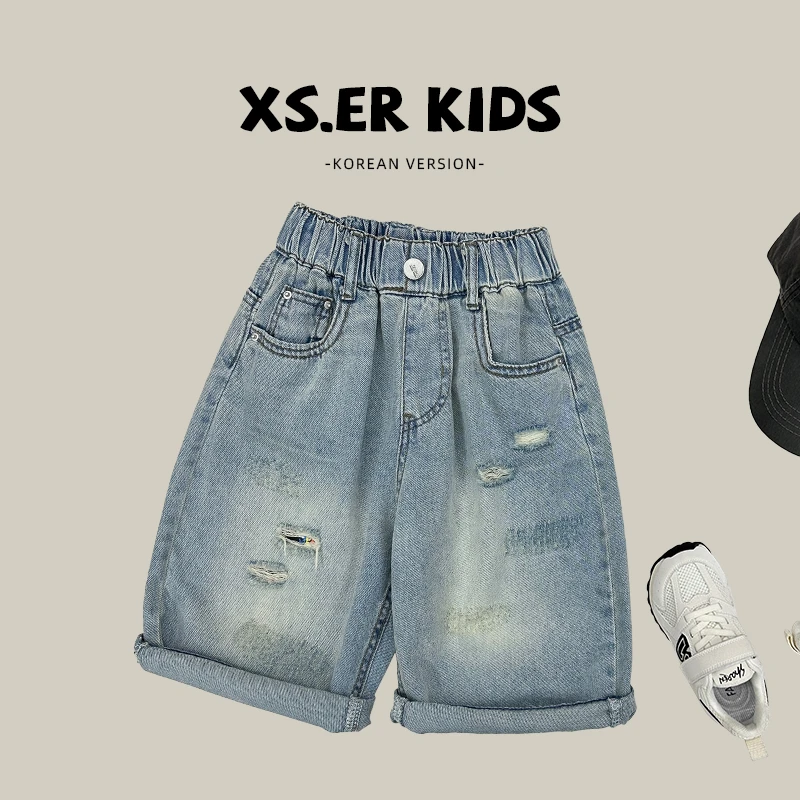 【小首尔】原版-男童韩版潮流破洞牛仔裤夏百搭五分裤HBB4044
