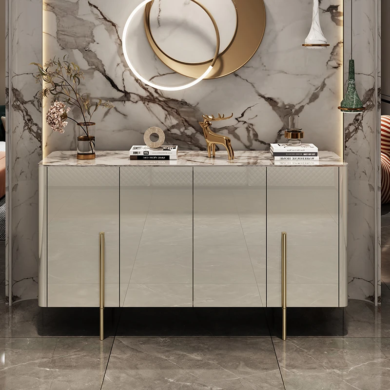 意式极简实木鞋柜现代简约奶油风入户玄关隔断柜亮光岩板轻奢边柜