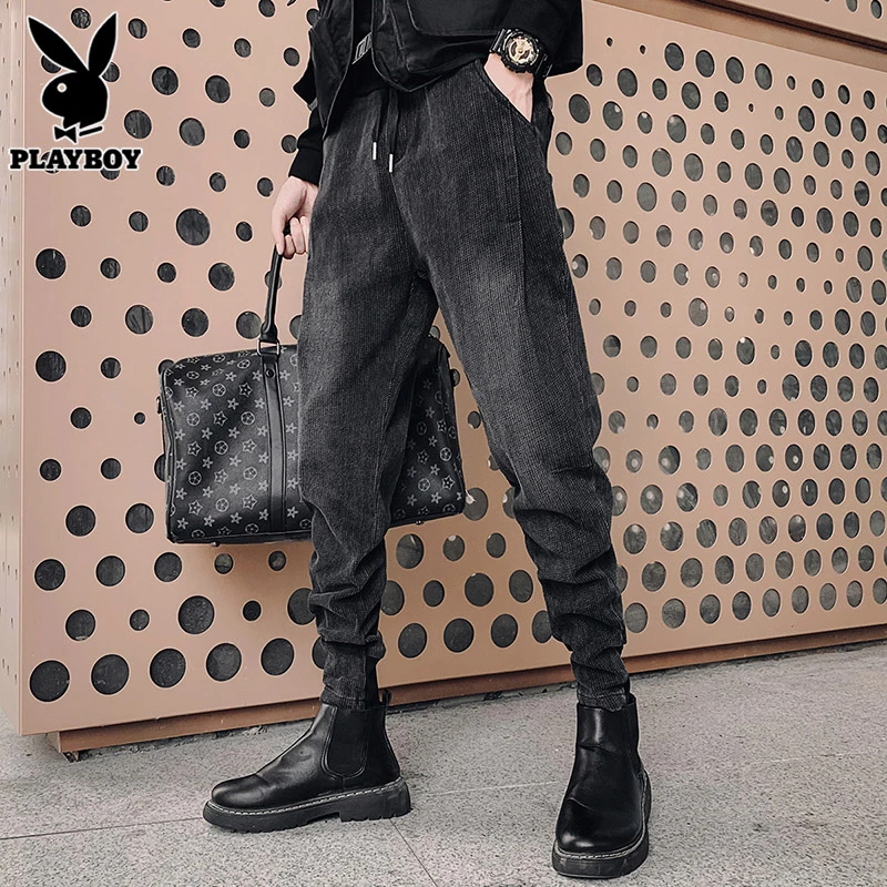 花花公子秋季牛仔裤男士潮牌痞帅气哈伦裤宽松小脚春秋长裤子男裤