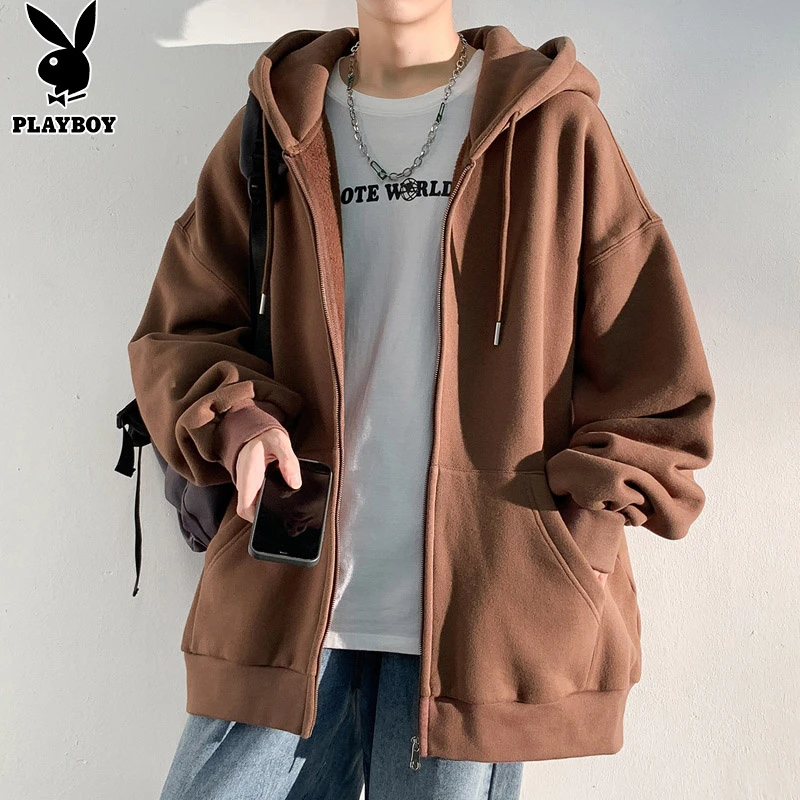 PLAYBOY重磅卫衣男士秋季潮流连帽开衫休闲宽松美式高街拉链外套
