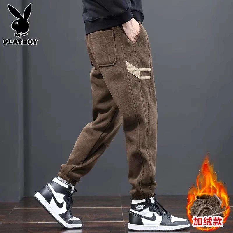 PLAYBOY加绒休闲裤男士秋冬季灯芯绒加厚男裤潮牌宽松束脚长裤子