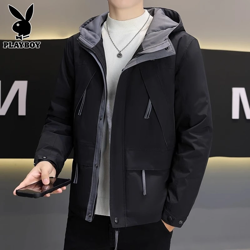 花花公子夹克羽绒服男士冬季休闲工装连帽防寒冬装短款外套男潮流