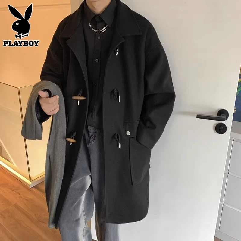 花花公子韩系毛呢子大衣男士秋季宽松中长版牛角扣风衣外套男秋冬