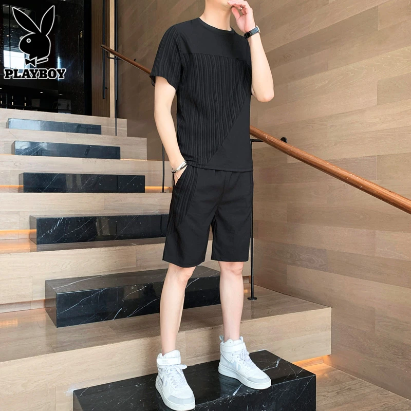 PLAYBOY休闲套装男士夏季冰丝短袖t恤潮牌搭配帅气短裤一套男装