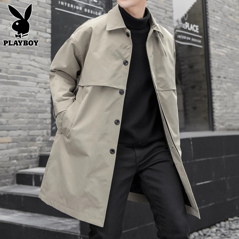 PLAYBOY春季卡其色男士风衣中长款潮流高级感大衣服春秋男装外套