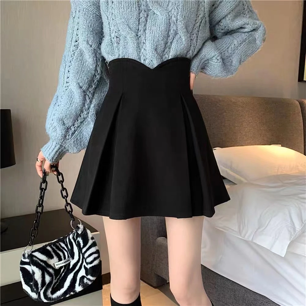 团子【毛呢小黑裙】082308 胖mm秋季高腰半身裙设计感小众A字百褶裙
