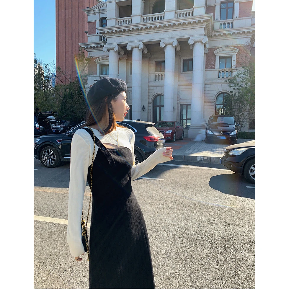 【团子】10258+10259 胖mm秋冬收腰显瘦复古温柔风罩衫吊带裙套装