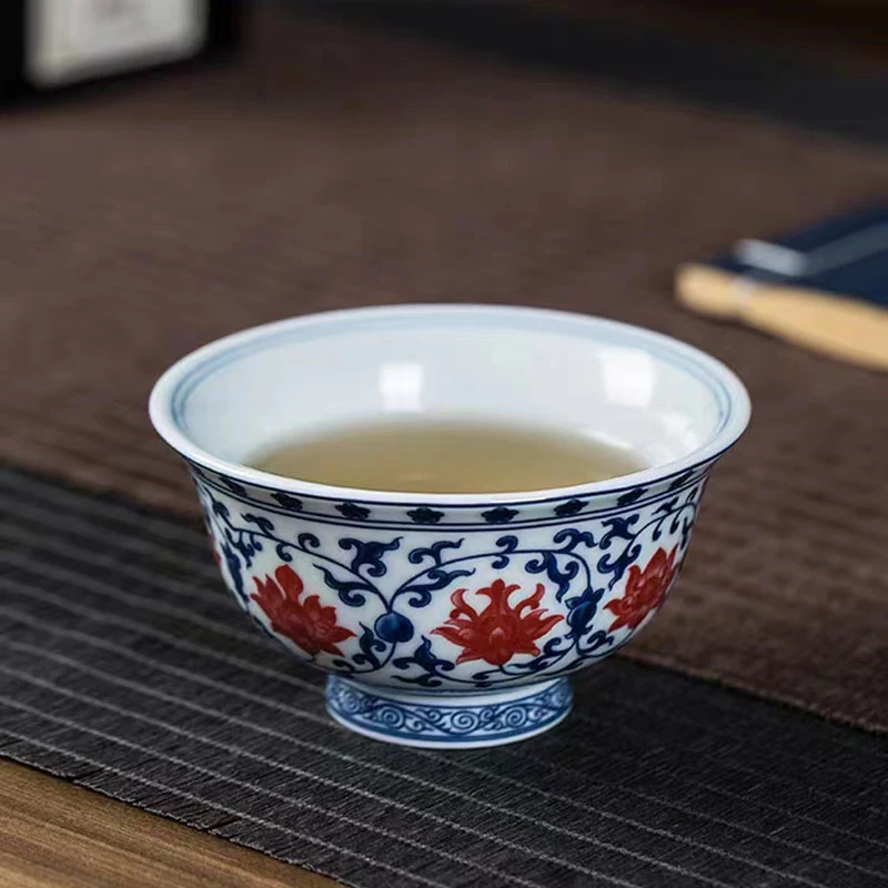 景德镇陶瓷茶具青花釉里红压手杯缠枝莲个人专用主人杯高端品茗杯