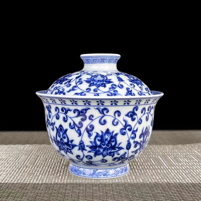 景德镇青花瓷缠枝莲二才盖碗家用中式可悬停不烫手功夫茶具泡茶碗