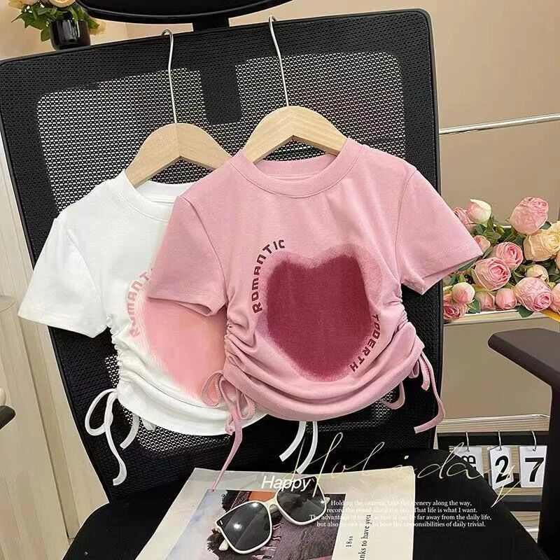【亲子款】女童夏季短袖新款洋气爱心T恤宝宝休闲抽绳上衣