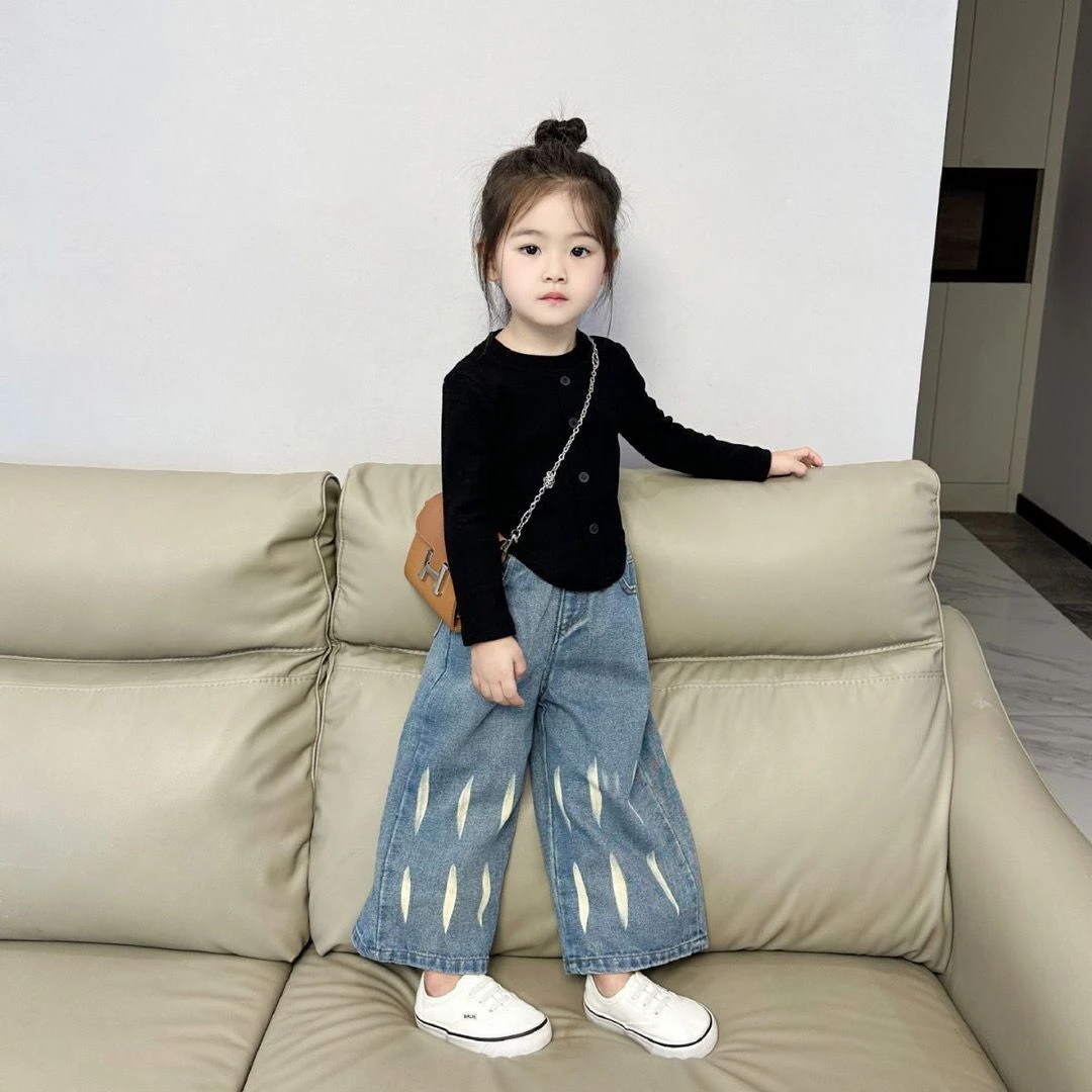 女童春季新款牛仔裤修身T恤秋季纯色百搭牛仔阔腿裤