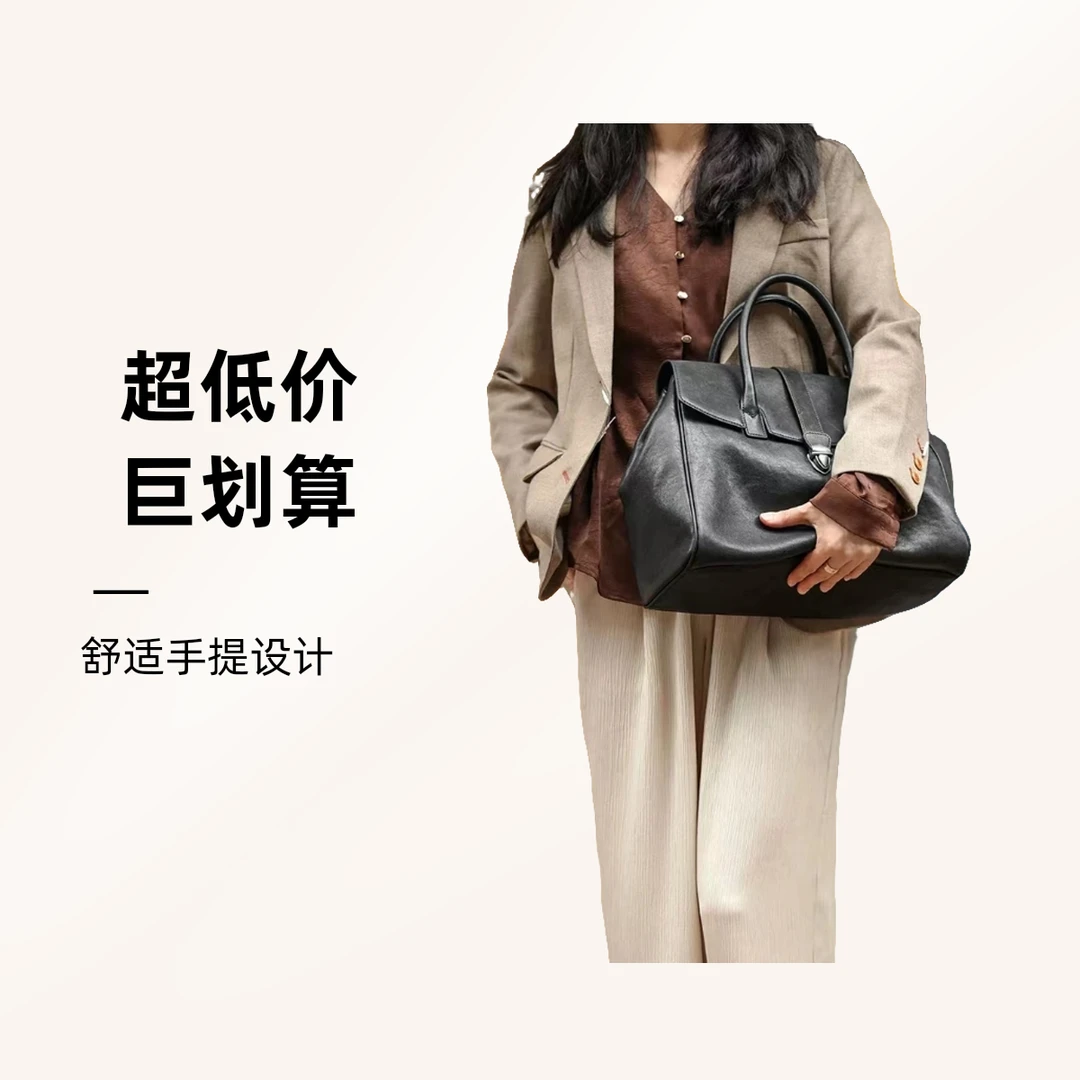 软植鞣牛皮单肩包高档真皮女士手提公文包复古大容量通勤文件女包