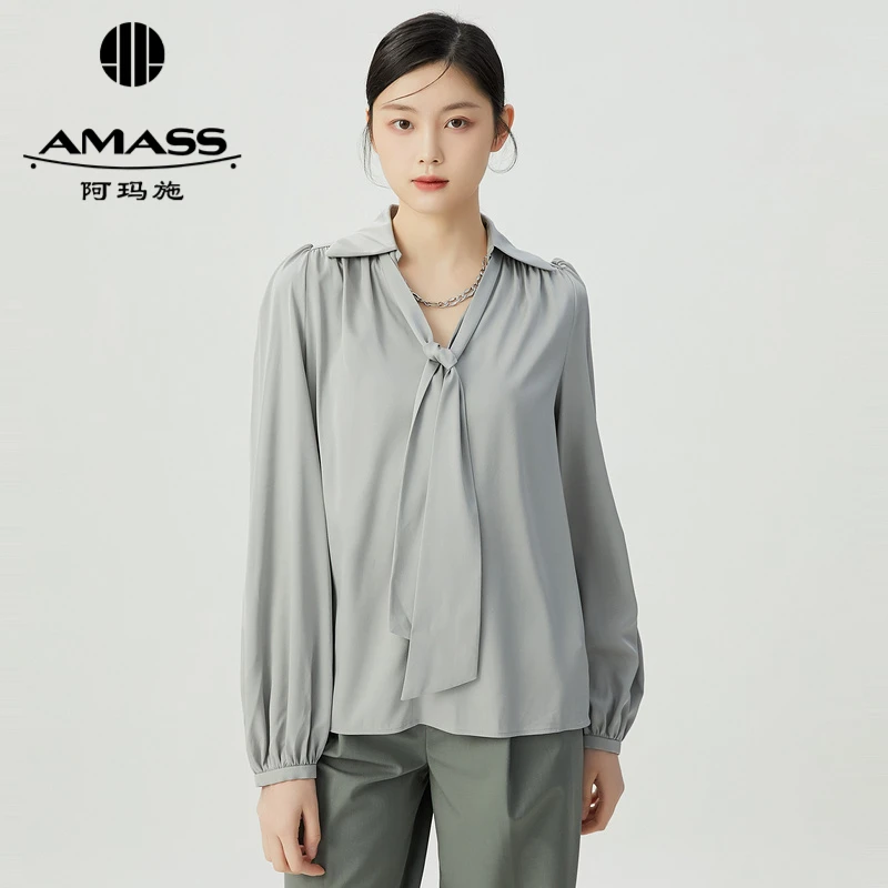 AMASS/阿玛施桑蚕丝衬衫法式链条飘带V领长袖纯色廓形衬衣5300968