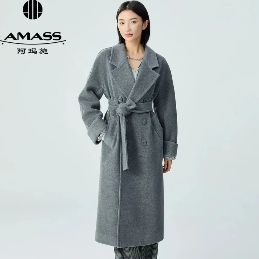 AMASS/阿玛施秋冬款时尚气质翻领长款系带双排扣毛呢大衣 5400861
