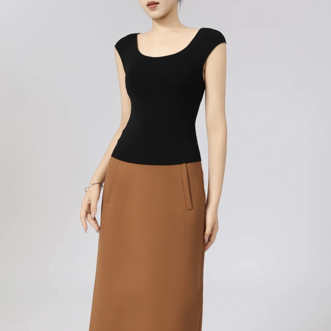 AMASS阿玛施新款修身U领短袖针织衫时尚百搭背心坎肩T恤538067