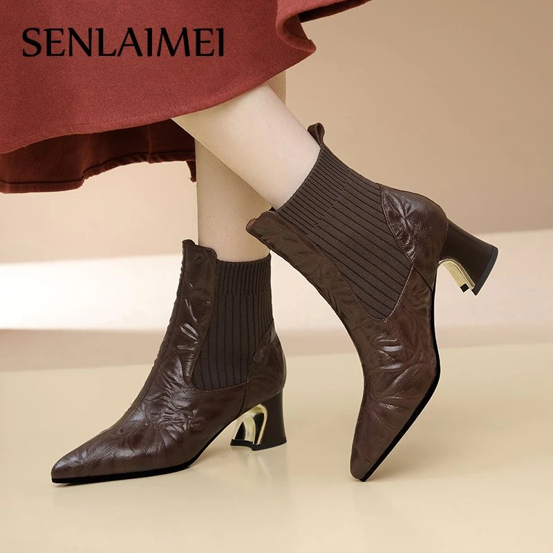 780真皮粗跟尖头短靴女秋冬季新款中跟羊皮靴子时尚一脚蹬瘦瘦靴