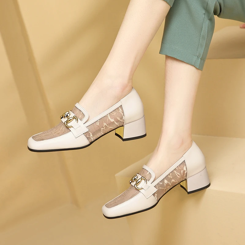 跟高3cm/真皮网纱女鞋粗跟中跟乐福鞋方头单鞋百搭573