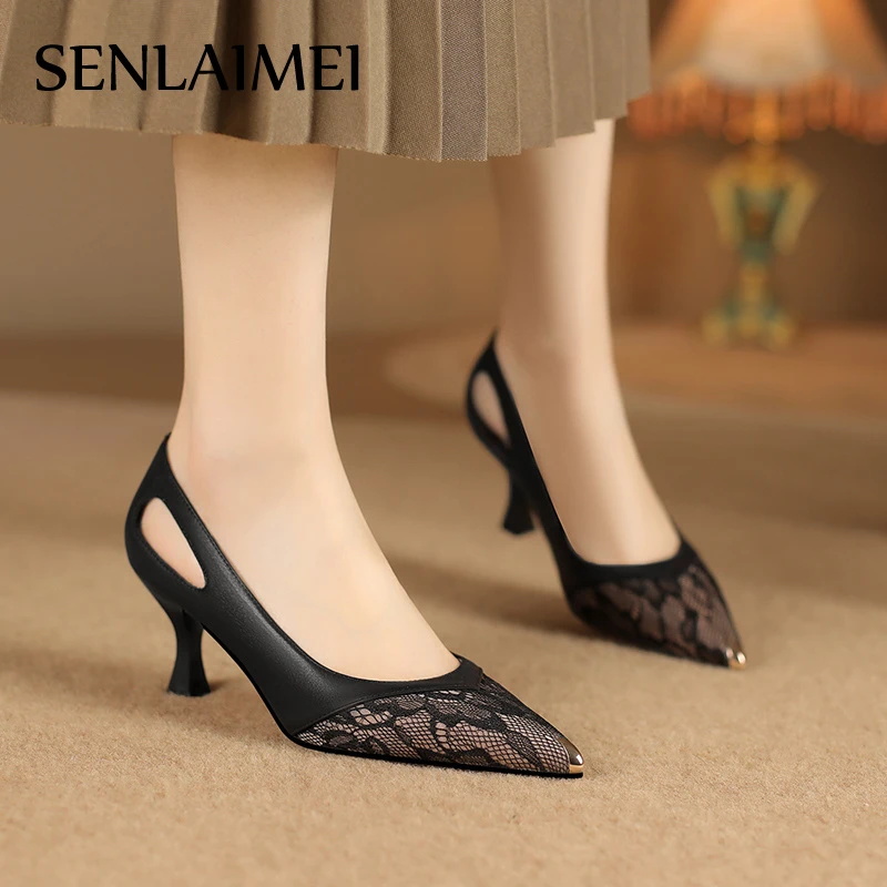 牛皮蕾丝高跟女鞋33-40/6cm/8369黑色单鞋2024春秋名媛尖薄荷曼波