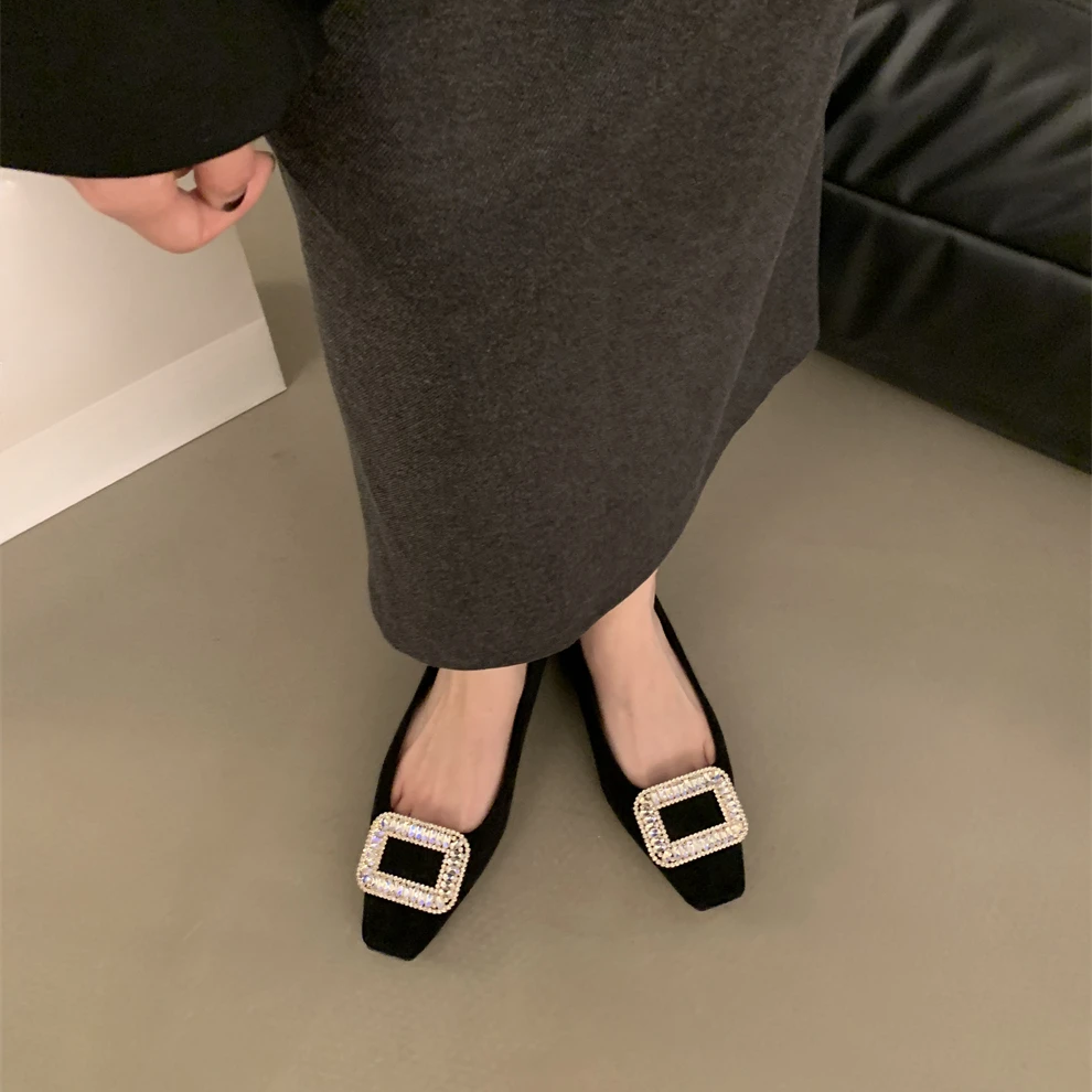 时尚方头单鞋女2025秋冬绒面季新款水钻一脚蹬低跟鞋通勤工作鞋子