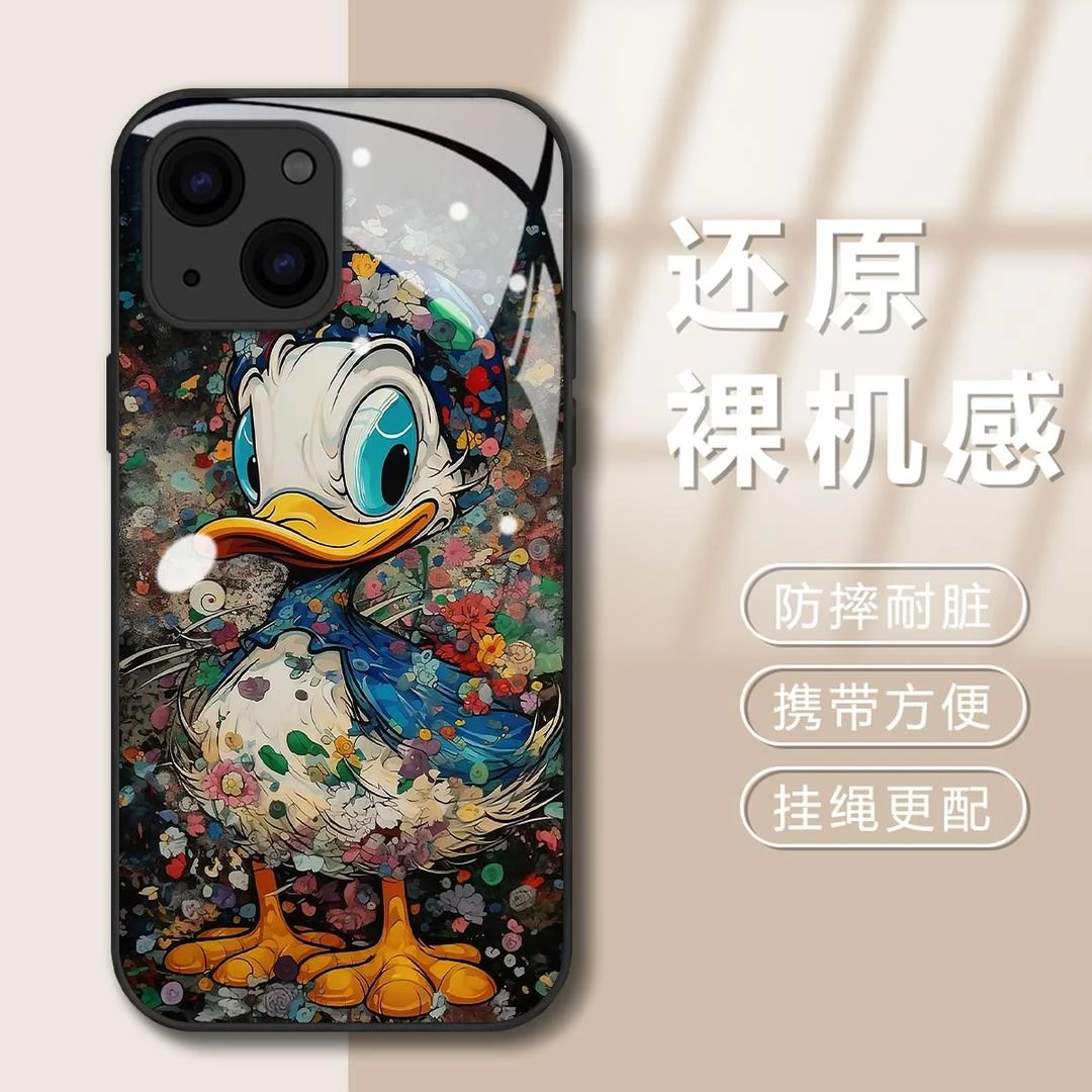 涂鸦唐老鸭防摔玻璃耐脏全包手机壳适用苹果华为vivooppo小米手机