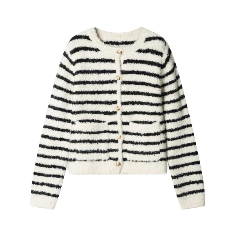 2024新款休闲透气长袖薄款百搭条纹毛衣外套V34046