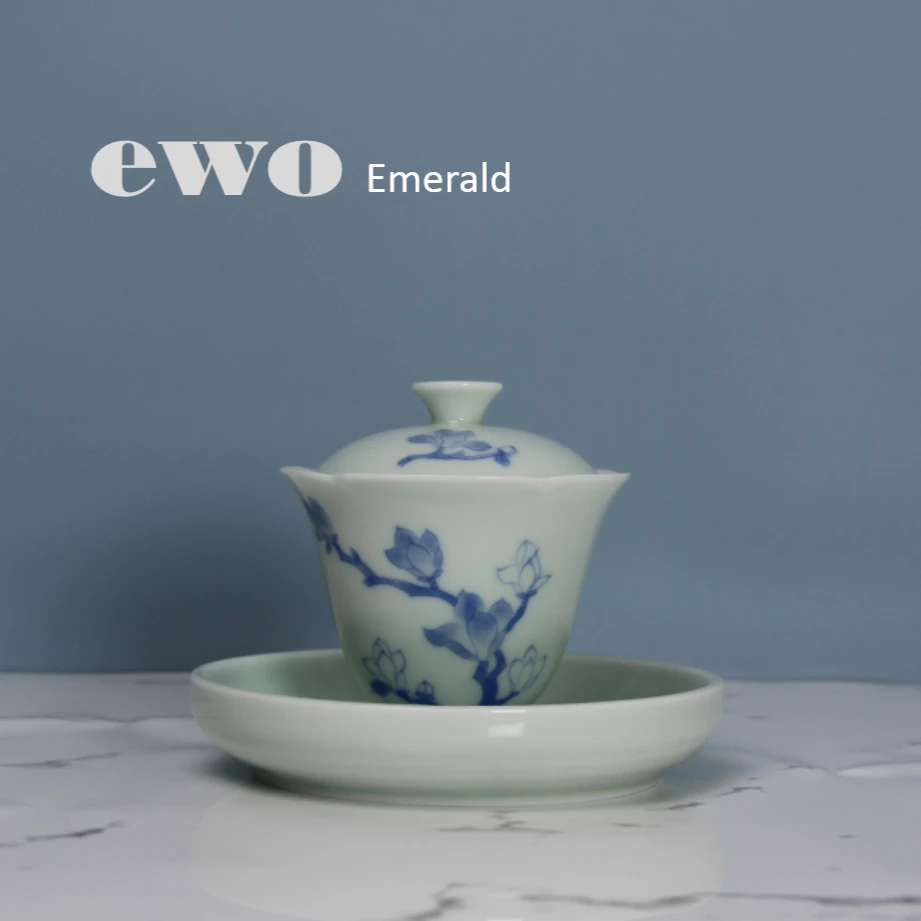 玉兰花手绘ewo羊脂玉釉下手绘三才盖碗/纯手盖碗/手拉胚盖碗/手绘