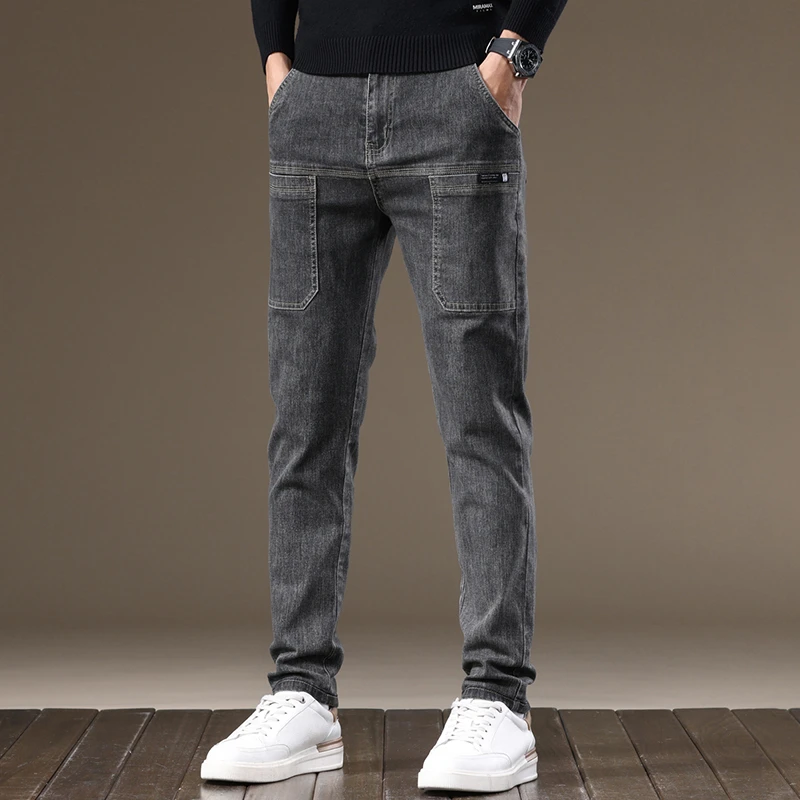 高端牛仔裤男士2024新款修身直筒工装多口袋韩版潮流六兜长裤子男