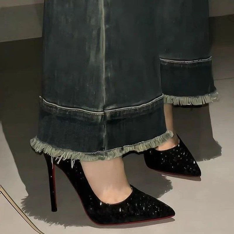 黑色2024红底高跟鞋女细新款亮片水晶浅口尖头职业性感单鞋高跟鞋
