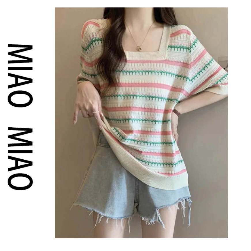 8263大码女装2024夏装新款方领针织衫短袖恤胖mm宽松条纹冰丝上衣