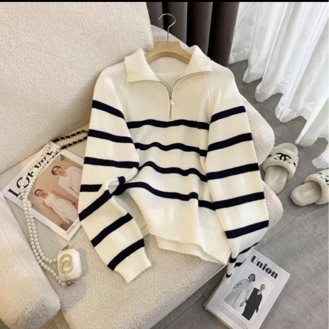 3521大码2025春秋新款韩系半拉链翻领条纹针织衫慵懒风打底上衣女