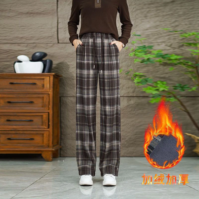 2024秋冬新款加绒宽松休闲女裤减龄显瘦窄版高腰阔腿毛呢裤直筒裤