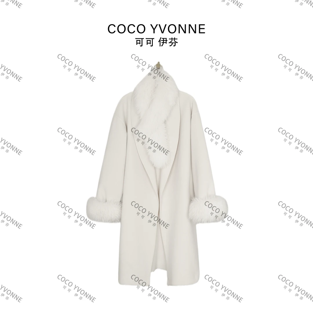 COCO YVONNE慵懒感秋冬可拆卸毛毛绒长款双面呢大衣外套