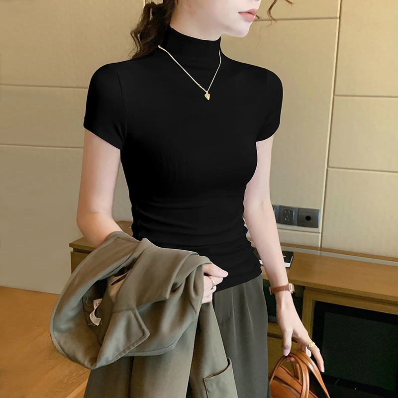 杏色半高领T恤女2025年春夏新款修身短袖时尚紧身打底百搭上衣ins