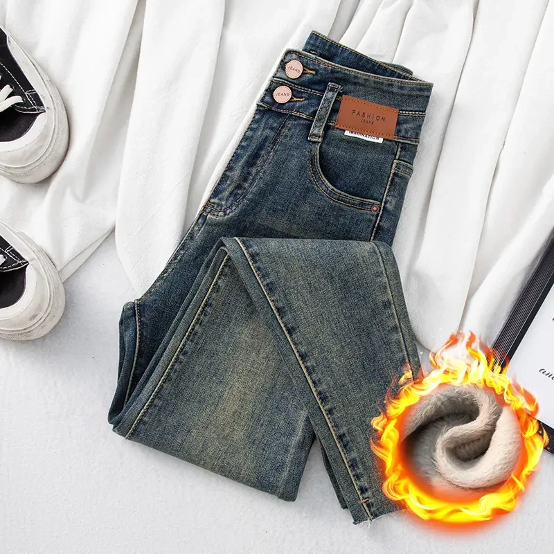 加绒高腰小脚牛仔裤女秋冬新款修身显瘦弹力百搭加厚铅笔裤外穿潮