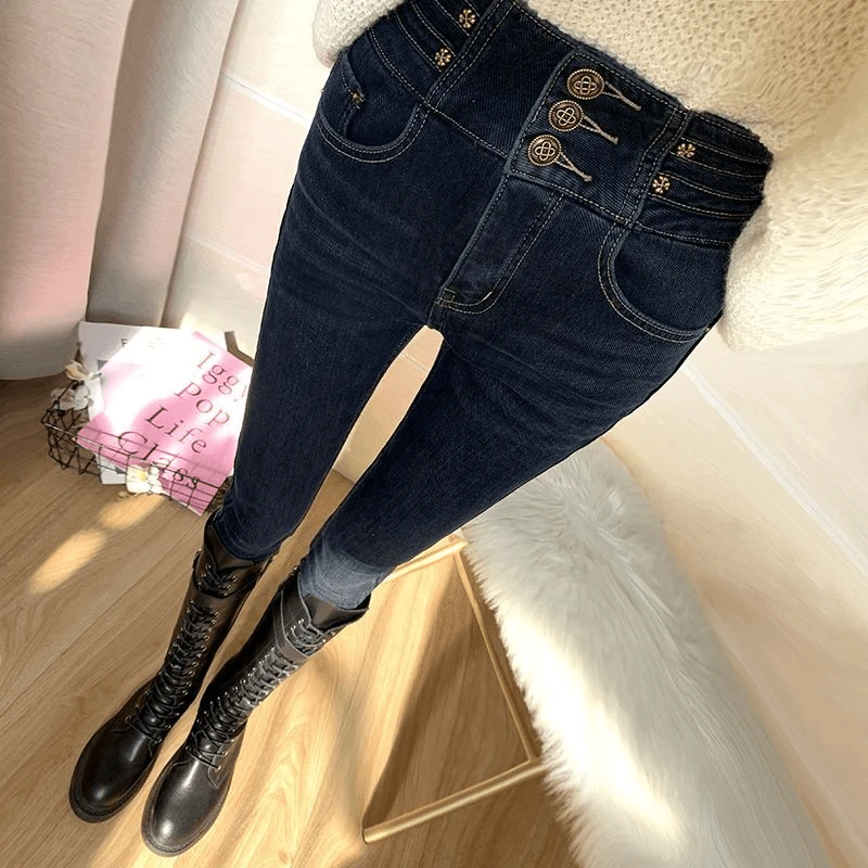 超高腰排扣收腹牛仔小脚裤女2025秋冬新款弹力显瘦百搭铅笔裤外穿