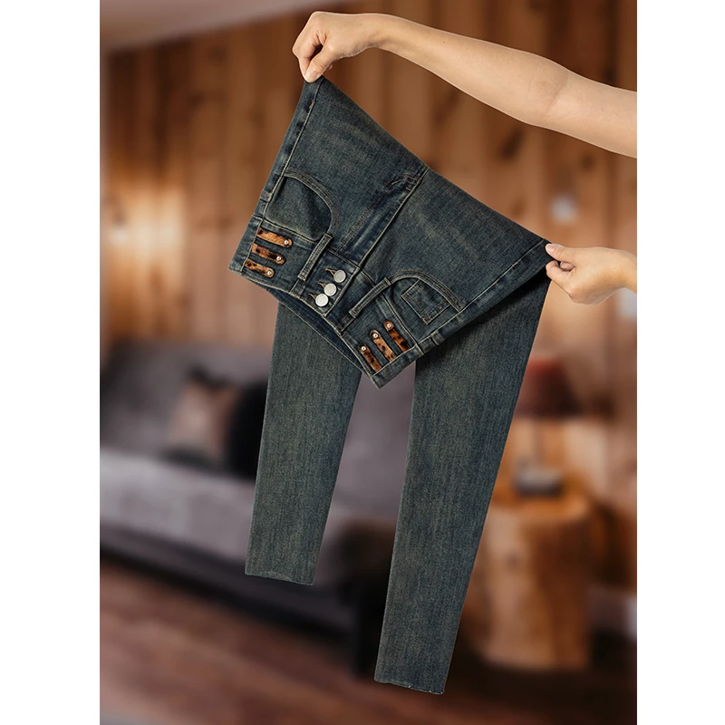 豹纹辣妹时尚水泥灰高腰显瘦铅笔裤女士秋冬新款弹力修身小脚裤女