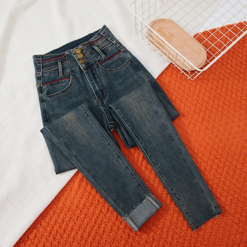加绒高腰紧身牛仔裤女秋冬季新款复古时尚显瘦百搭弹力小脚裤加厚