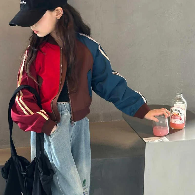 女童春季时尚拼色外套2025宽松韩版女童中大童休闲拼色拉链开衫潮